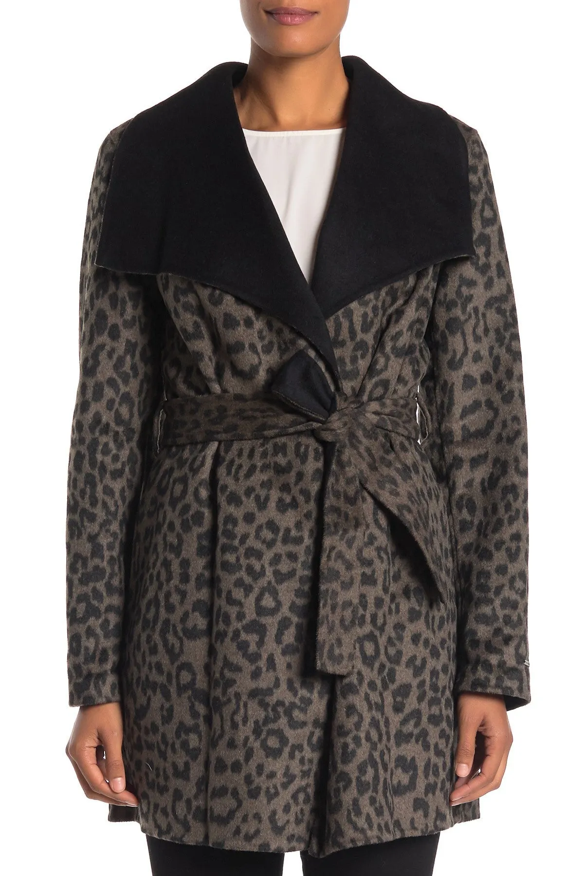 T Tahari Ella Leopard Double Faced Wool Wrap Belted Coat